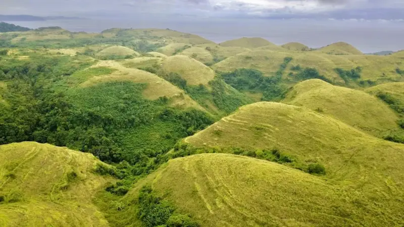 Pemandangan sudut tinggi deretan perbukitan hijau batok kelapa di Bukit Teletubbies Nusa Penida