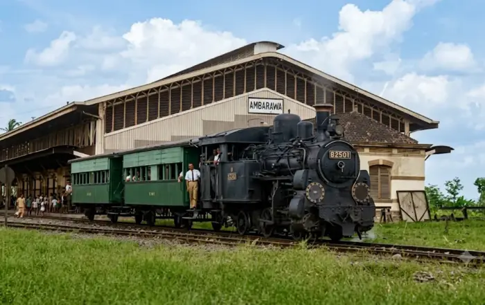 .Lokomotif uap kuno B2501 menarik rangkaian gerbong kayu hijau klasik melintasi rel Museum Kereta Api Ambarawa.