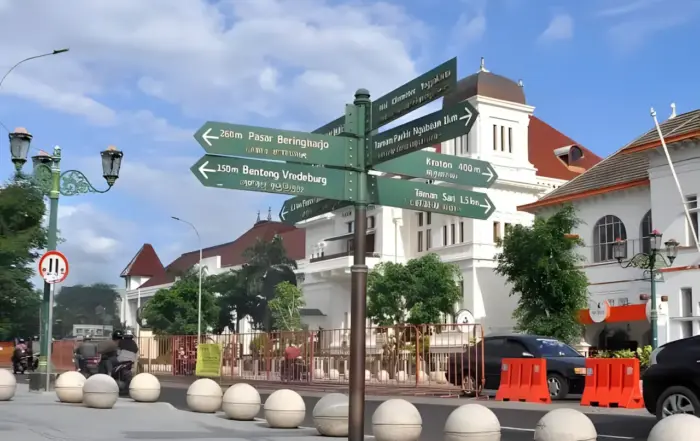 Papan penunjuk jalan beraksara Jawa di kawasan Jalan Malioboro dan Titik Nol Kilometer sebagai pusat rekomendasi tempat menginap di Jogja dekat hotel tinggal jalan kaki